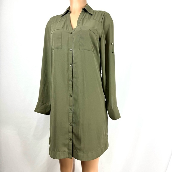 Express Women’s Sz S Shirt Dress Olive Green Knee Length Lined Long Sleeve EUC! - Picture 6 of 12